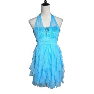 Vintage Y2K Deb Turquoise Blue Sequin Halter Ruffle Mini Dress S Sparkly Fairy
